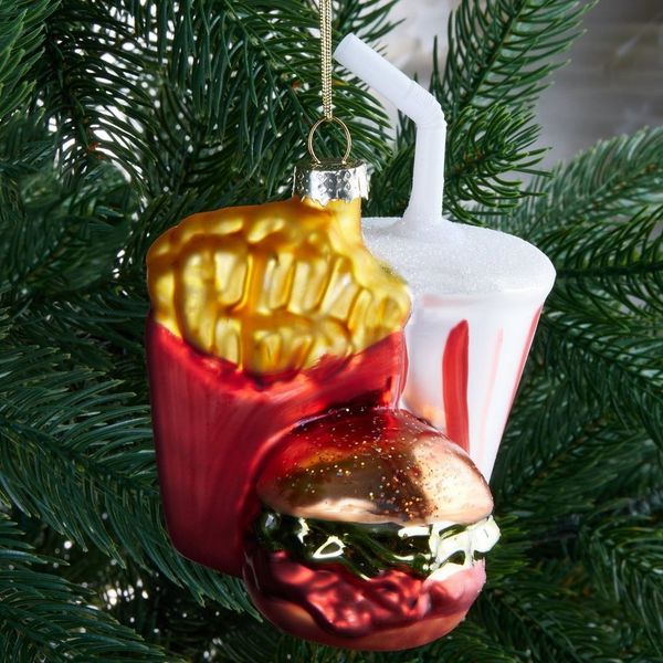BRUBAKER Weihnachtsbaumkugel Weihnachtskugel Set Fast Food - Burger Pommes Softdrink Pizza (4 St), Handbemalter Christbaumschmuck - Glas Baumschmuck