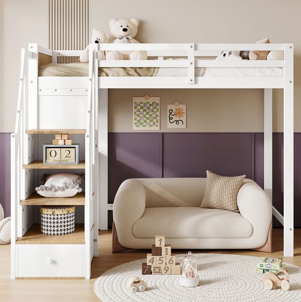 Bett 90x200 cm Etagenbett mit Schreibtisch und Stauraum – Weiß/Natur, sicherer Fallschutz und platzsparendes Design