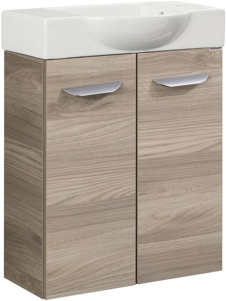 FACKELMANN SBC LUXOR Gäste WC Waschtisch Set 55 cm breit, Braun hell, Waschbecken Keramik Weiß, Hahnloch rechts