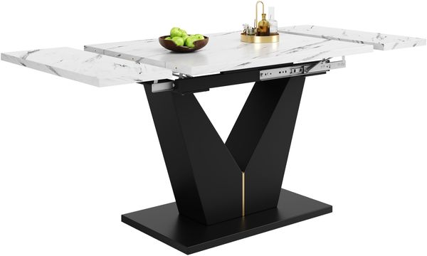 Esstisch 99-159 x 75 x 75 cm, ausziehbar, MDF-Tischplatte in Marmoroptik, Metallgestell Weiß/Schwarz Bild 7