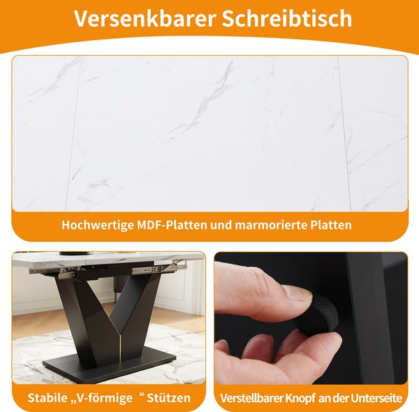 Esstisch 99-159 x 75 x 75 cm, ausziehbar, MDF-Tischplatte in Marmoroptik, Metallgestell Weiß/Schwarz Bild 8