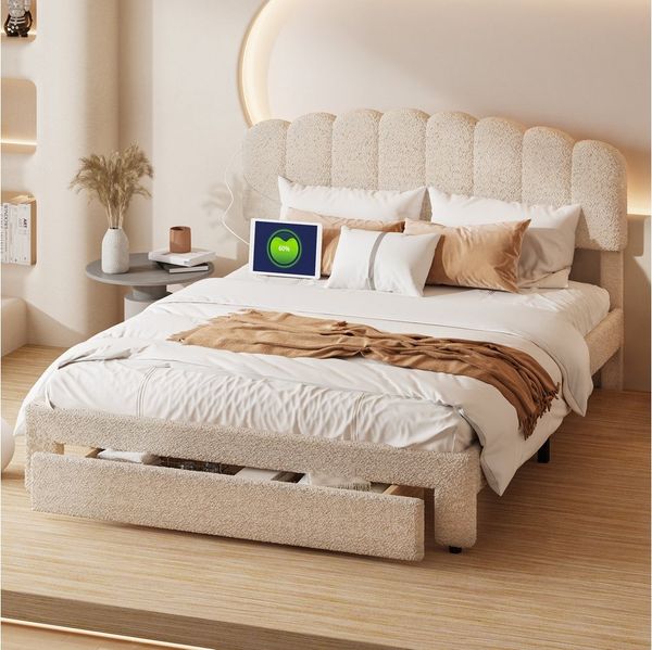 PXloue Polsterbett Doppelbett Stauraumbett (höhenverstellbarem Kopfteil), mit USB/Type-C Anschlüssen und Schublade, 140x200cm, Teddysamt