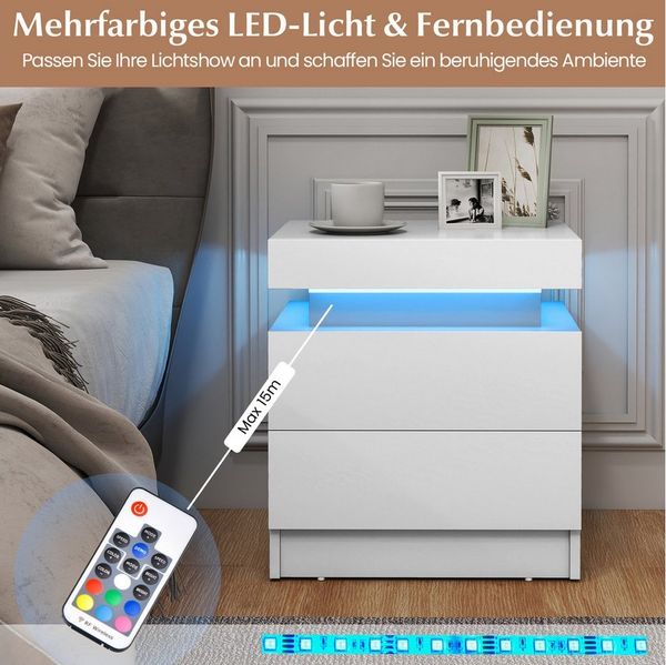 COSTWAY Nachttisch (1-St), LED, mit 2 Schubladen&Fernbedienung, weiß