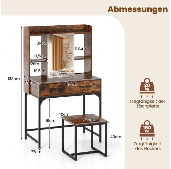 COSTWAY Schminktisch (1-St), Kosmetiktisch-Set mit Hocker, Spiegel, Schubladen
