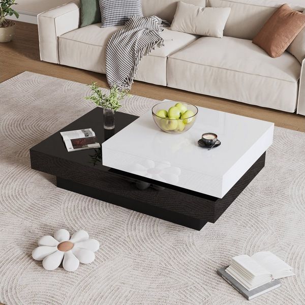 MODFU Couchtisch Drehbarer, mit 2 Ebenen (Satztisch, Wohnzimmertisch Beistelltisch, 1-St, zweifarbiges Design), mit 2 Ablageflächen, Hochglanz-Tischplatte