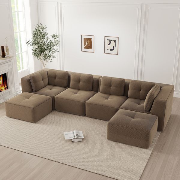 Flieks 4-Sitzer Modulares Sofa mit 2x Hocker, Cloud Sofa Cord rahmenlos, Lounge Sofa bodennah, mit breiten Armlehnen, Braun