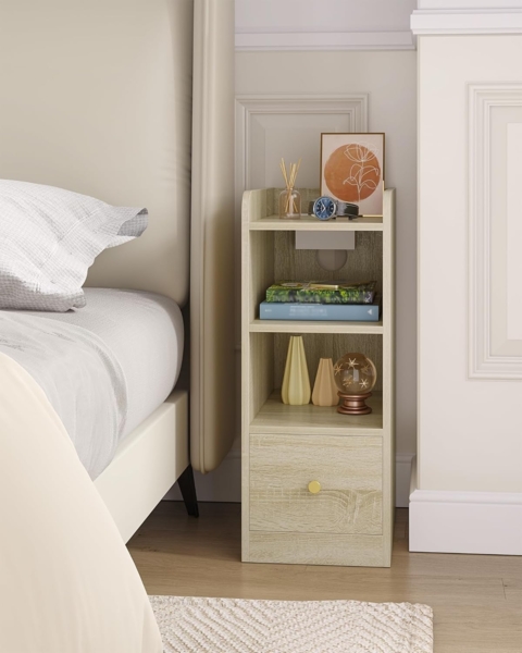 Nachttisch 2er Set, Schmal, Beistelltisch mit Ladefunktion, USB & Type C Anschlüsse, Nachttische mit 3 Etagen Stauraum, 1 Schublade, für Schlafzimmer, Wohnzimmer, Eiche