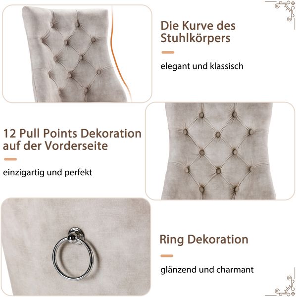 Esszimmerstuhl aus Samt in Hellbeige mit diamantförmigen Knopfdetails mit ergonomischer Rückenlehne und massiven Gummiholzbeinen Bild 3
