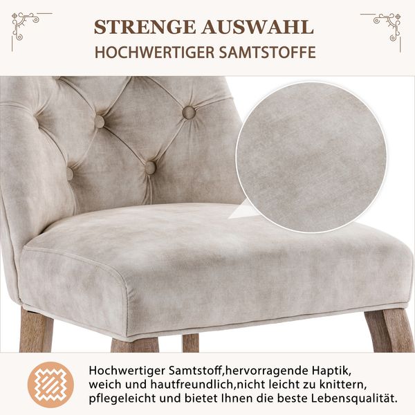 Esszimmerstuhl aus Samt in Hellbeige mit diamantförmigen Knopfdetails mit ergonomischer Rückenlehne und massiven Gummiholzbeinen Bild 4