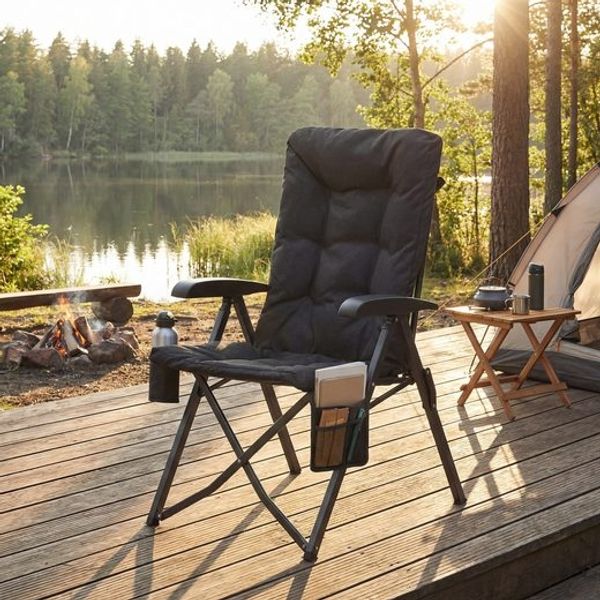 SONGMICS Campingstuhl, verstellbare Rückenlehne 95°-150°, 6 cm Polsterung, Tragetasche, Angeln, Garten, Camping, schwarz