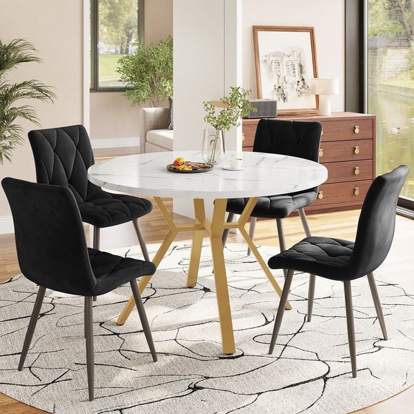 Merax Essgruppen, Esstisch-Set, Esstisch- und Stuhlset (5-teilig), modernes, schlichtes rundes Esstisch- und Stuhlset aus Marmor, Goldfarbene Metalltischbeine + 4 ergonomische Samtstühle, schwarze Esszimmerstühle