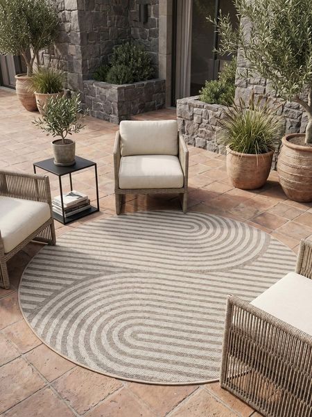 KADIMA DESIGN Teppich VENTOUX Wetterfest UV-Beständig Balkon Waschbar Boho Balkonteppich, Rund, Höhe: 5 mm, Beige, 80x80 cm, Outdoor Terrasse Strapazierfähig Pflegeleicht Robust