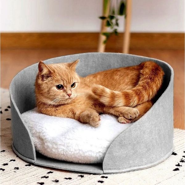 Jungengel Katzenliege Katzenbett mit Plüschkissen, Filz Körbchen Katzenplatz Tierliege, Weiches Filzbett mit Plüschkissen, gemütlich, pflegeleicht & stabil