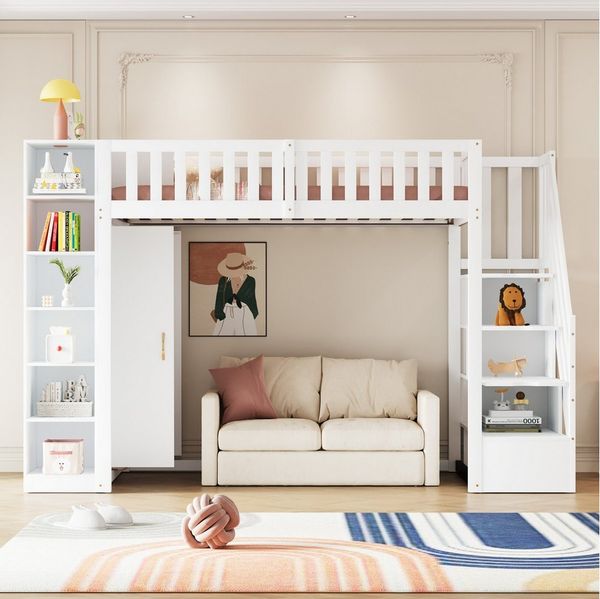 Flieks Hochbett Kinderbett 90x200cm mit Stauschrank Kleiderschrank und Stauraumtreppe