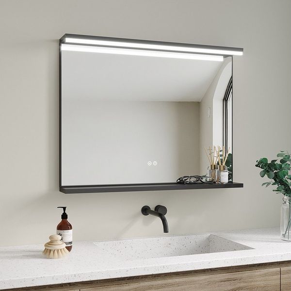 AQUABATOS Wandspiegel LED Spiegel Badezimmerspiegel schwarzer Badspiegel mit Beleuchtung, Lichtspiegel mit Energiesparmodus, Mattschwarzer Aluminiumrahmen