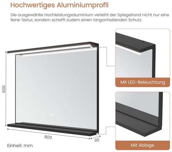 AQUABATOS Wandspiegel LED Spiegel Badezimmerspiegel schwarzer Badspiegel mit Beleuchtung, Lichtspiegel mit Energiesparmodus, Mattschwarzer Aluminiumrahmen