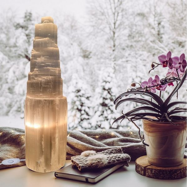 Landster Nachttischlampe Selenite Lampe Turm lampe tischleuchte Kristall Lampe Tischlampe