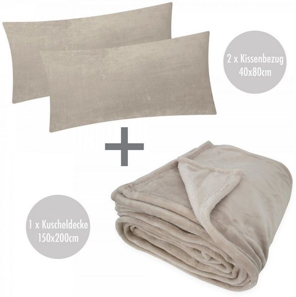 Wohndecke, Heubergshop, 150x200cm + 2 x 40x80cm Kissenbezug Set Fleece Flauschig (Beige)