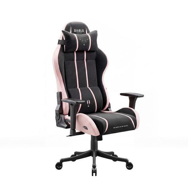 Diablo Gaming Stuhl ergonomisch Stoff Kinder Jugend Drehstuhl mit Lendenkissen Kopfstütze 3D Armlehnen verstellbar bis 140 Grad Bürostuhl klein Akira Pink
