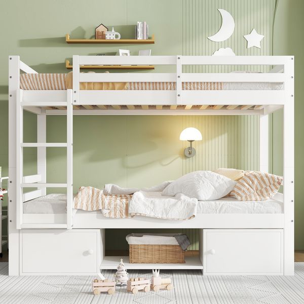 Etagenbett für Kinder, Kinderbett mit Schuhregale und Schließfächer, Bett aufgeteilt in 2 Einzelbetten, Jugendbett, Einzelbett, Weiß, 90x200cm.
