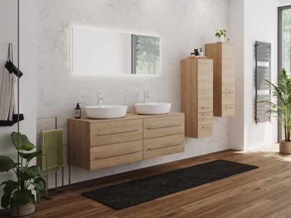 Badmöbel-Set CHARLIE B 143 Aufsatzbecken 2 Badschränke & Spiegel eiche : Eiche hell