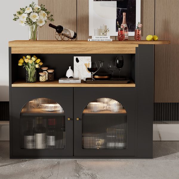 Bartisch 138-193x39x105 cm, MDF/Spanplatte, drehbar & ausziehbar mit LED-Lichtleiste und eleganter Glasfront，Schwarz