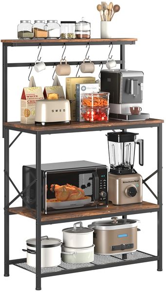 COMHOMA Regal, Küchenregal, Standregal, Mikrowellen Regal für Küche, Gewürzregal, Bücherregal mit Anti-Kipp-Schutz, Shrank mit 4 Ablagen, 8 S-Haken, Metallrahmen, Stahlrahmen, 80 x 40 x 126 cm,Vintagebraun