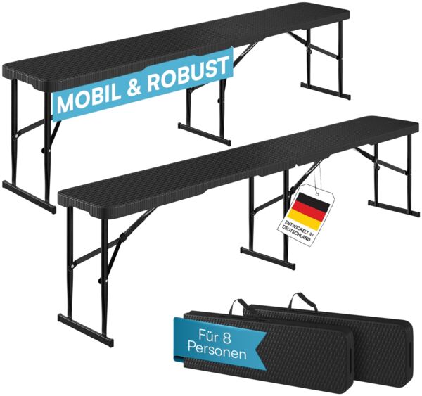 STEELSØN 'Zennar' Gartenbank für 4 Personen, zusammenklappbar, Rattanoptik schwarz, 43x28x180 cm, wetterfest, Sitzbank inkl. Tragegriff, 2er-Set