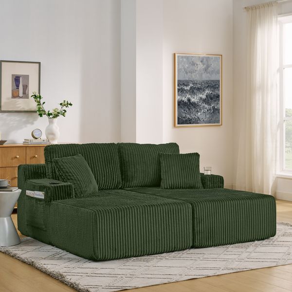 Schlafsofa 2-Sitzer 78cm×186cm×154cm aus Kordstoff in Grün – Lounge-Sofa mit Seitentasche, Getränkehalter und Kissen