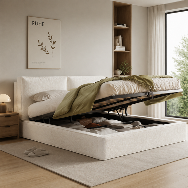 Polsterbett,Doppelbett,180x200 cm,hydraulisches Funktionsbett,Bett mit Lattenrost, Kopfteil, gepolstertes Kopfteil, Beige, bouclé