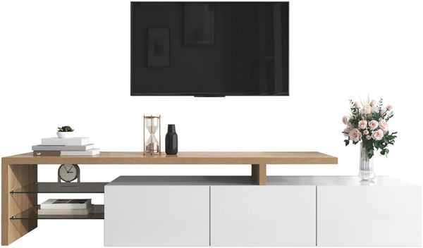 Modernes TV-Schrank-Design: Stilvolle Eleganz, praktischer Stauraum, Hochglanzweiß, Holzoptik, Glasböden, LED-Beleuchtung