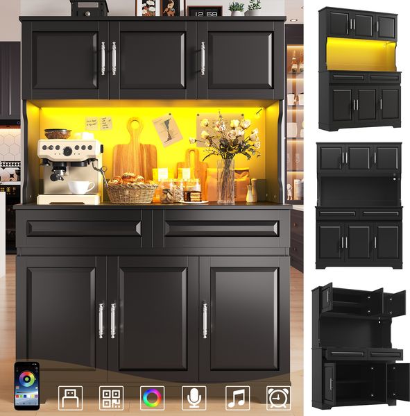 Merax 180cm Küchenschränke, Hochschrank mit App-Steuerung verstellbare Einlegeböden Stauraum mit Arbeitsfläche für Küche Esszimmer, Sideboards mit LED-Beleuchtung, Schwarz
