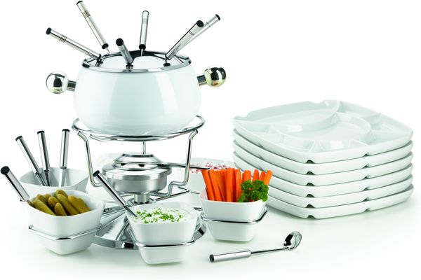 Umfangreiches Fondue Set für 6 Personen, 28-teilig mit emailliertem Fonduetopf, Drehkarussell, Fonduetellern, Schälchen u.v.m, kabelloser Betrieb mit Brennpaste