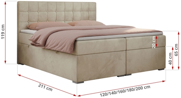 Boxspringbett, Doppelbett, Polsterbett mit Kopfstütze - CARMEN - 140x200cm - Beige Velours - H3 Bild 5