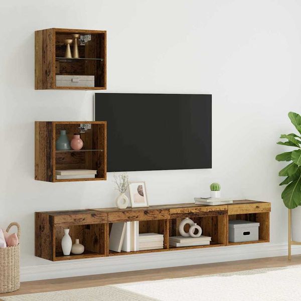5-tlg. TV Wand Einheiten,Wohnwand Wohnzimmer mit LED Altholz Holzwerkstoff