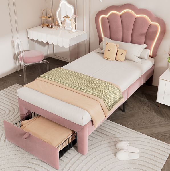 Kinderbett 90x190 cm mit LED und Schublade – Polsterbett aus Samt in Rosa mit verstellbarem Kopfteil
