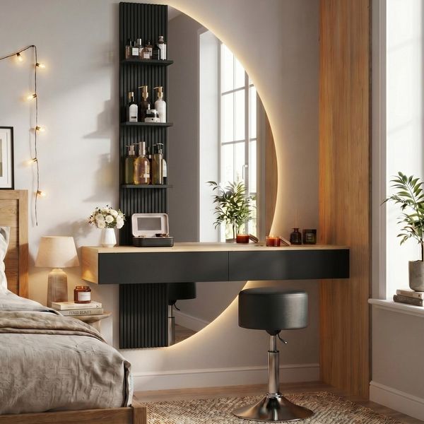 HOMALL Schminktisch Hängender Schminktisch mit LED-Beleuchtung (Maße: 106 × 40 × 143 cm, mit 3 offenen Ablagefächern, 2 Schubladen und drei einstellbaren Farbtemperaturen)