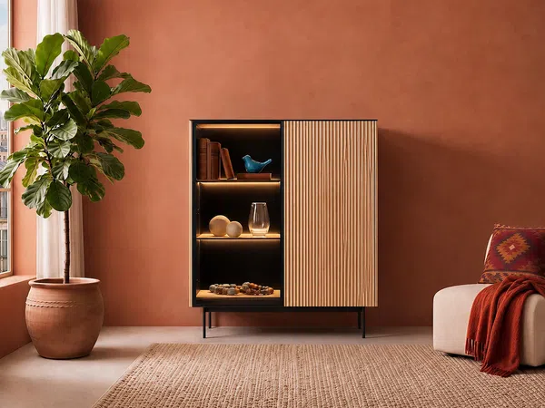 Vente-unique - SAYERA Display cabinet GlasHolz, Platte SchwarzBeige - B 39 cm x H 127 cm x L 107 cm