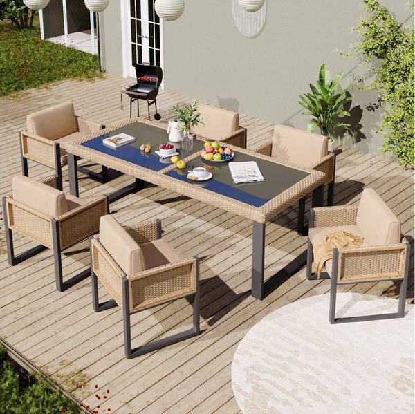 Merax Gartenlounge-Set, (6-Personen-Garten-Essgruppe mit abnehmbaren Stoffbezügen, 7-tlg, 7-tlg), Polyrattan Gartenmöbel mit Esstisch&Sesseln, Loungeset mit Eisenrahmen
