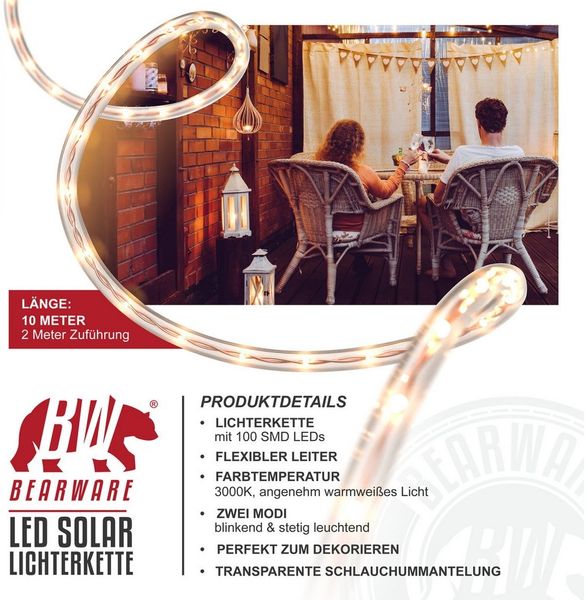 BEARWARE LED-Lichterkette Solar 10m warmweiß, Innen & Außen, Solarpanel mit Akku, 100 Leds, IP44, 2 Modis, wetterfest für Garten, Hochzeit, Balkon, Terasse uvm.