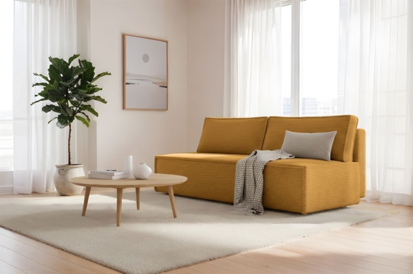 Sofa Designersofa AMANDA 3-Sitzer mit Schlaffunktion in Stoff Poso Honiggelb