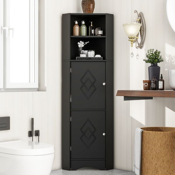 Flieks Dreieckiger Mehrzweck-Eckschrank 36.5 x 36.5 x 155 cm, verstellbarem Einlegeboden und Stauraum, für Bad, Küche und Wohnzimmer, Schwarz