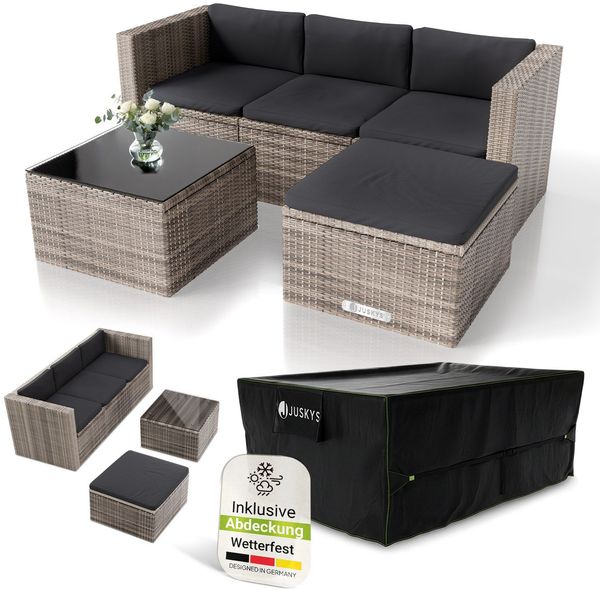 Juskys Polyrattan Lounge Punta Cana M grau-meliert inkl. Abdeckung – Gartenlounge für 3-4 Personen – Sitzgruppe mit Sofa, Tisch & Hocker - Sitzbezüge Dunkelgrau