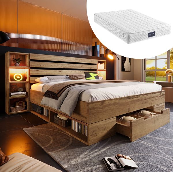 Doppelbett 160x200 cm mit Matratze, LED-Kopfteil, USB/Type-C und Schubladen – Bettgestell in Eiche aus Holz und Metall
