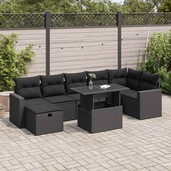 vidaXL 8-tlg. Garten-Sofagarnitur mit Kissen Schwarz Poly Rattan 3327825