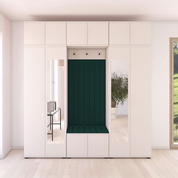 Garderoben-Set Napoli Version 12: Kleiderschrank mit Polsterpaneelen, Schuhschrank und Schrankaufsatz Flur und Eingangsbereich (Cashmere/Trinity 28), 225 x 40 x 210 cm