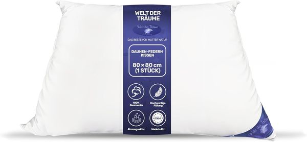 Welt der Träume Dreikammerkissen, Füllung Innen: neue Gänsefedern (1400 gr) / Füllung außen: neue Gänsedaunen (200 gr), Füllgewicht: 1600 Gramm, Farbe: weiß, Größe: 80x80 cm, Öko-Tex Zertifiziert