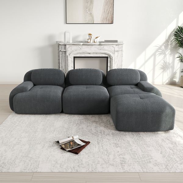 3-Sitzer Sofa 298×178×75 cm aus Cordstoff rahmenlos modular mit 1 Ottomane, grau