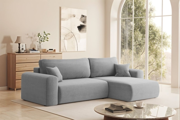 Ecksofa Schlafsofa FLORA Stoff Poso Hellgrau Ottomane Rechts