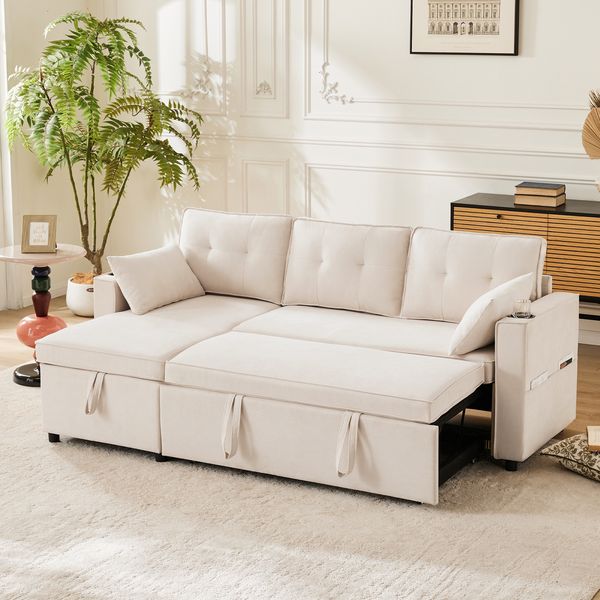 Schlafsofa mit Schlaffunktion, L-förmiges Sofa, modernes Design, Polstermöbel, Sofa, Loungesessel mit Stauraum, Wohnzimmer-Schlafsofa, links und rechts austauschbar, Beige